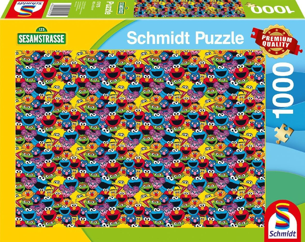 Schmidt 1000 Teile Puzzle mit vielen Sesame Street Charakteren auf gelbem Hintergrund.