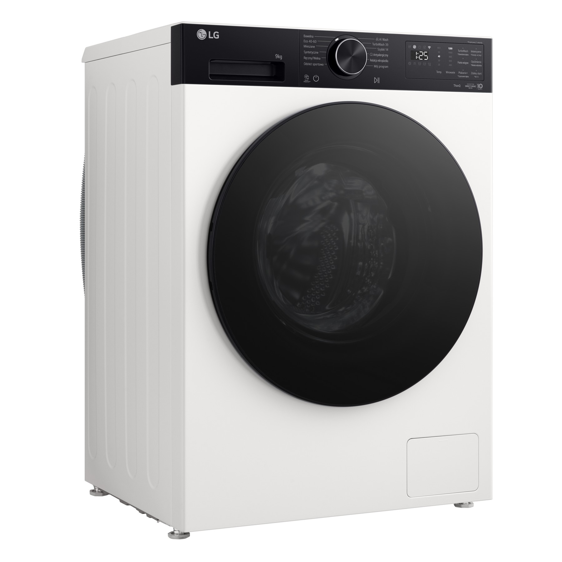 Lavatrice LG bianca con oblò e pannello neri. Capacità 9kg.