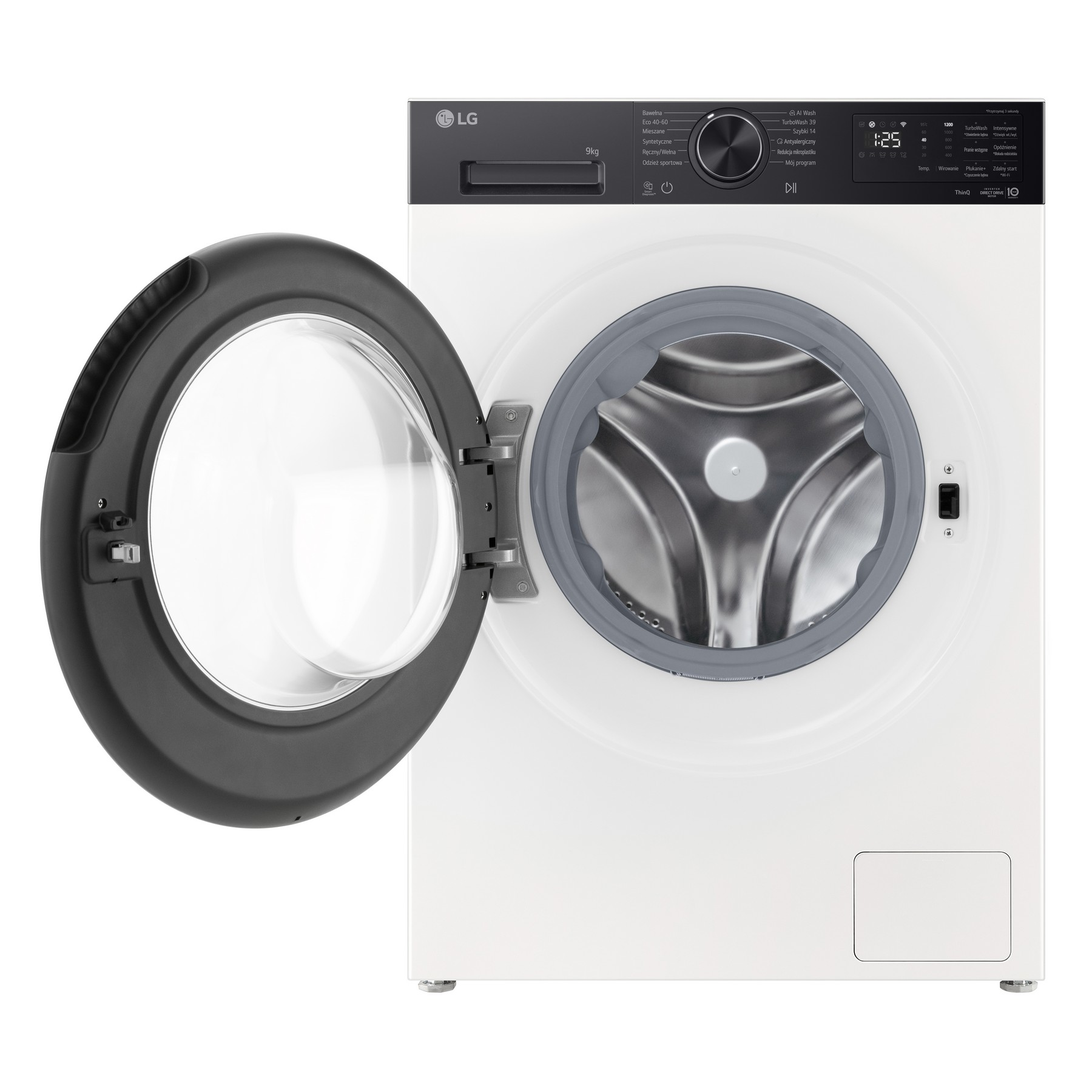 Lavatrice LG bianca con oblò aperto, capacità 9kg.