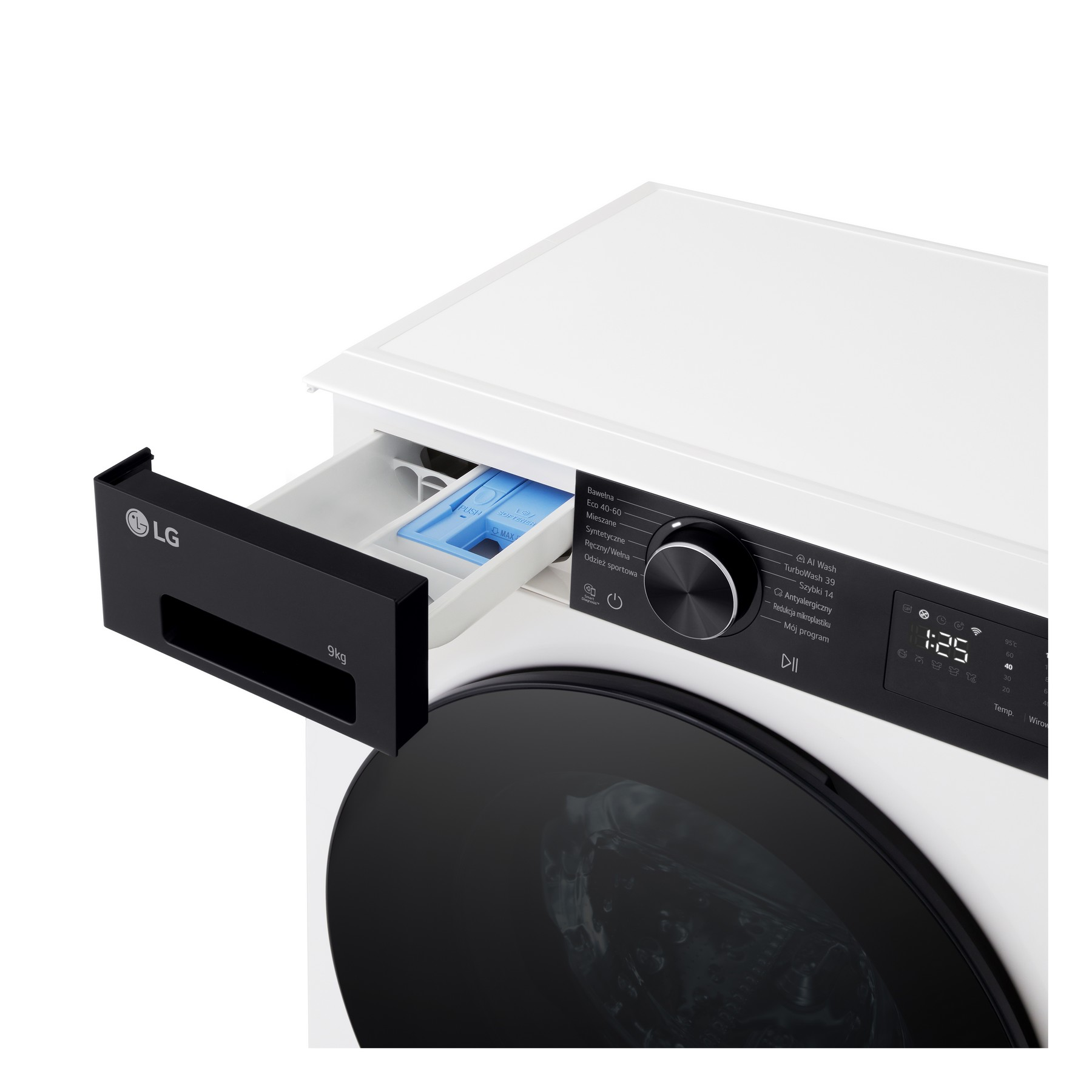 Lavatrice LG bianca con cassetto detersivo esteso e pannello di controllo nero.