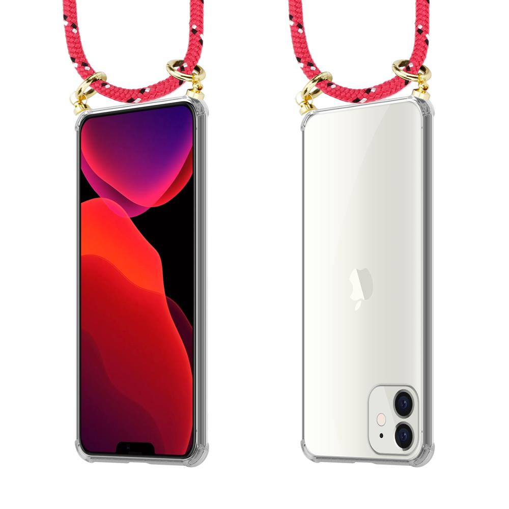 Smartphone con laccetto rosso e custodia trasparente, vista frontale e posteriore.