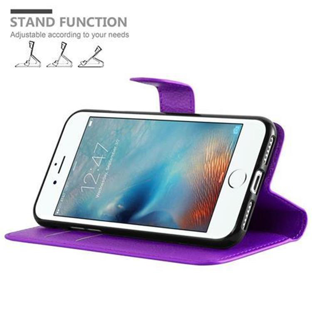 Viene mostrato un supporto viola per custodia iPhone con perni. È regolabile.