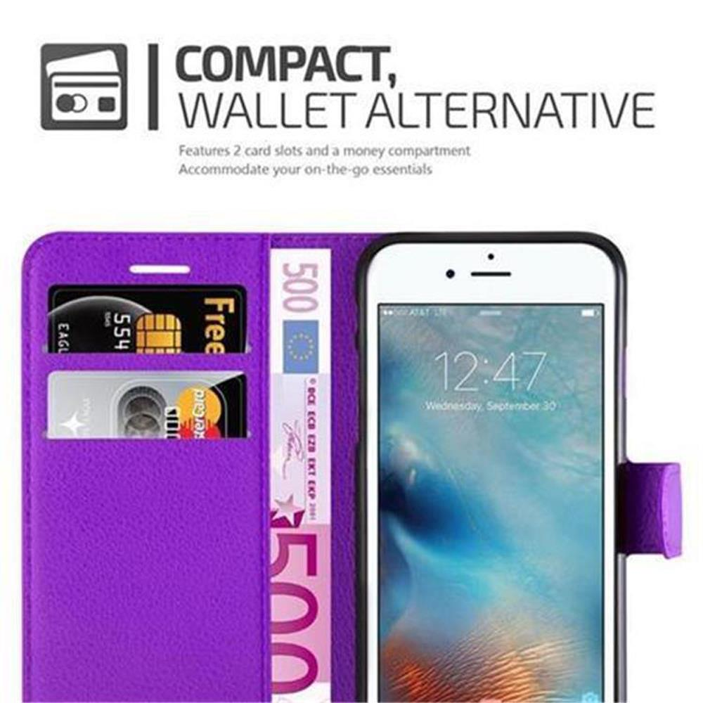 Custodia a portafoglio viola con slot per carte, tasca e banconota da 500 euro.