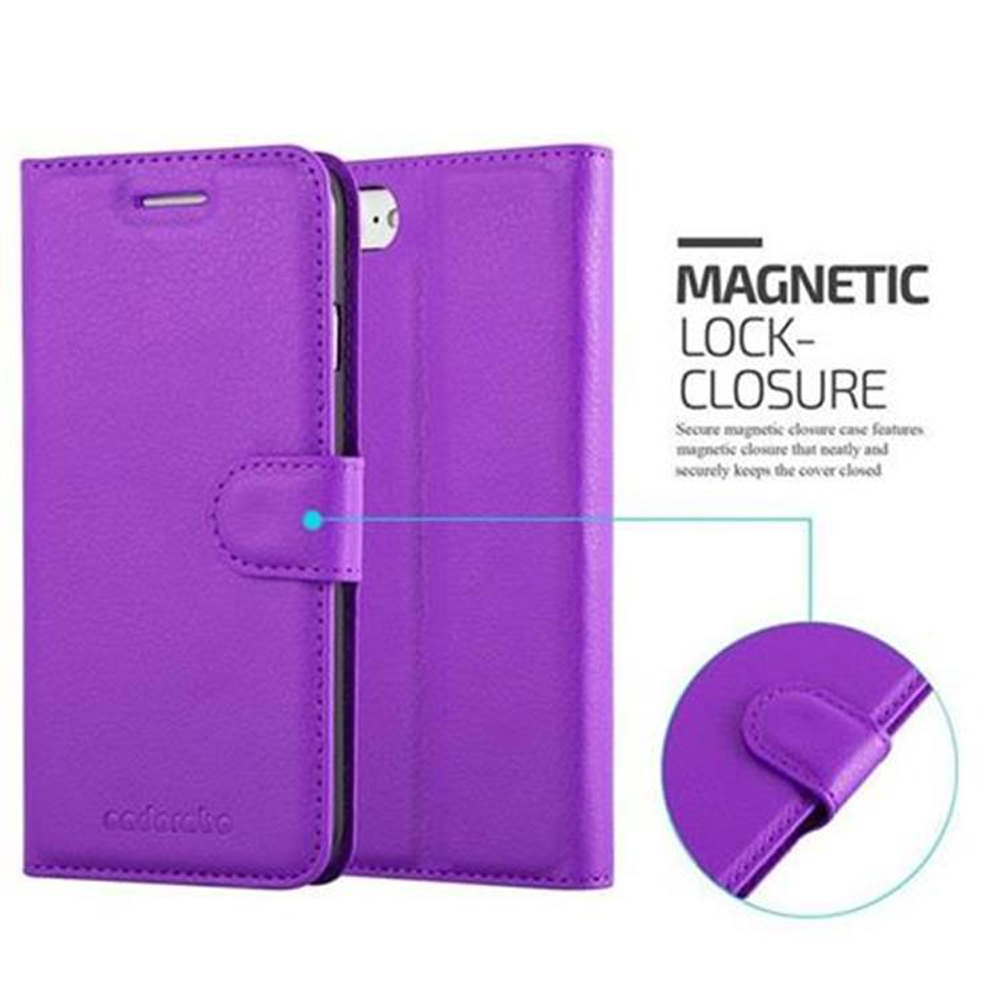 Custodia viola a libro per telefono con chiusura magnetica, vista ravvicinata.