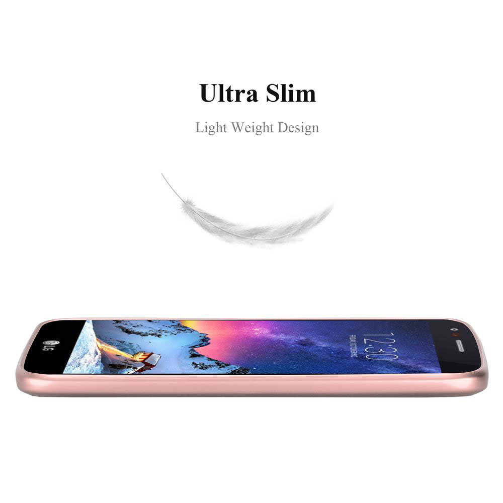 Uno smartphone oro rosa con grafica di piuma e testo "Ultra Slim".