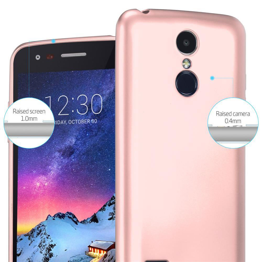 Un telefono oro rosa con bordo schermo rialzato di 1,0 mm e cornice fotocamera di 0,4 mm.