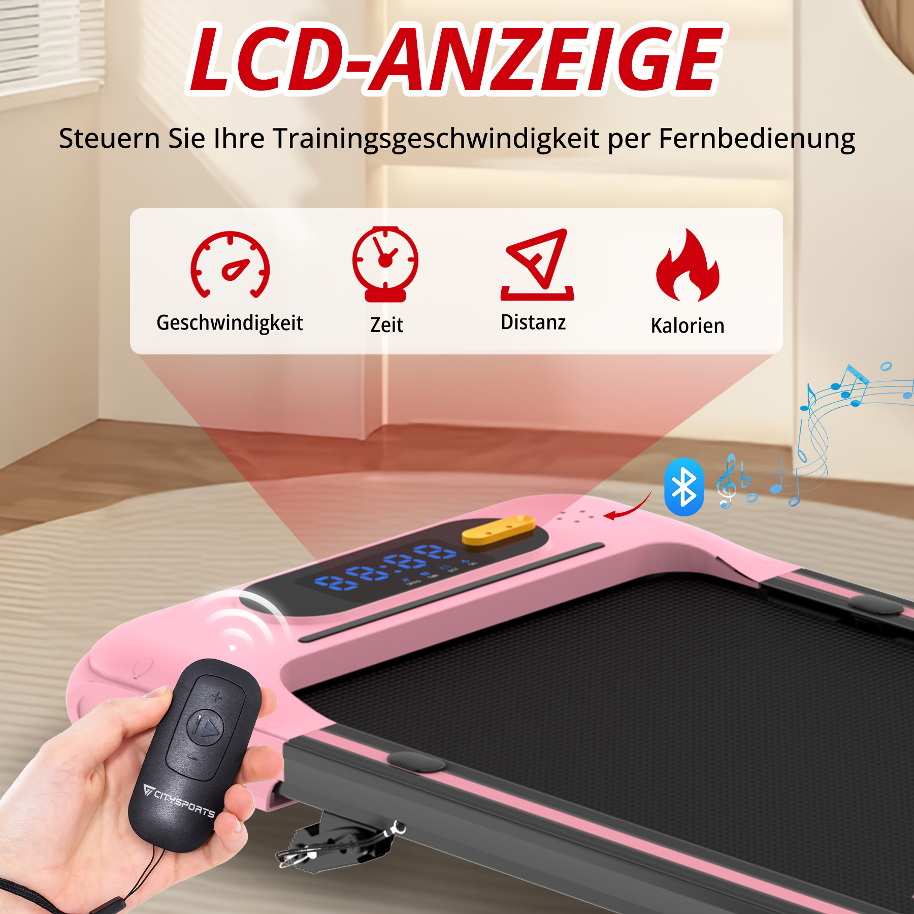 Eine Person hält eine Fernbedienung für ein rosa Laufband mit LCD-Anzeige.