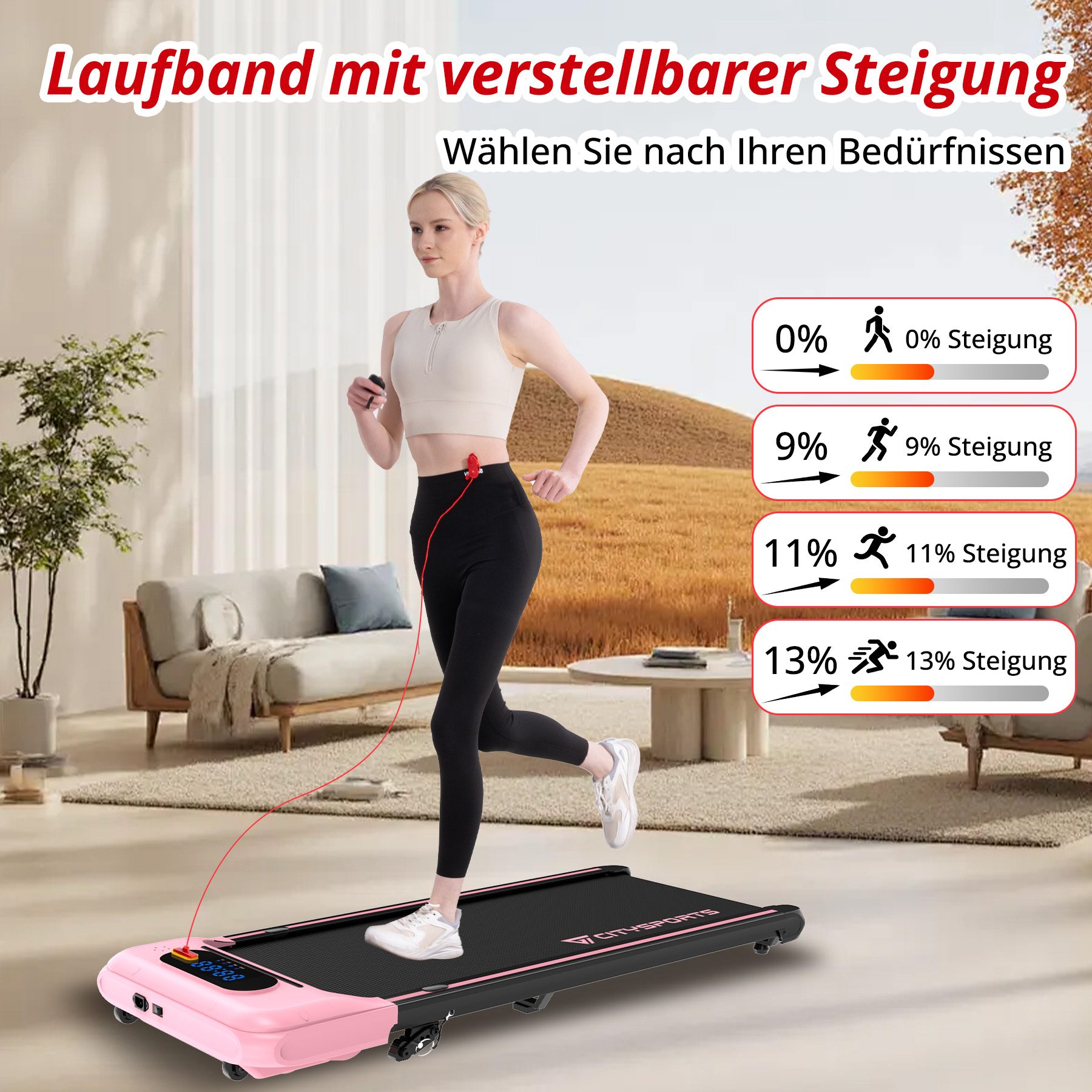 Frau läuft auf einem rosa Laufband mit einstellbarer Steigung, Stufen 0-13%.