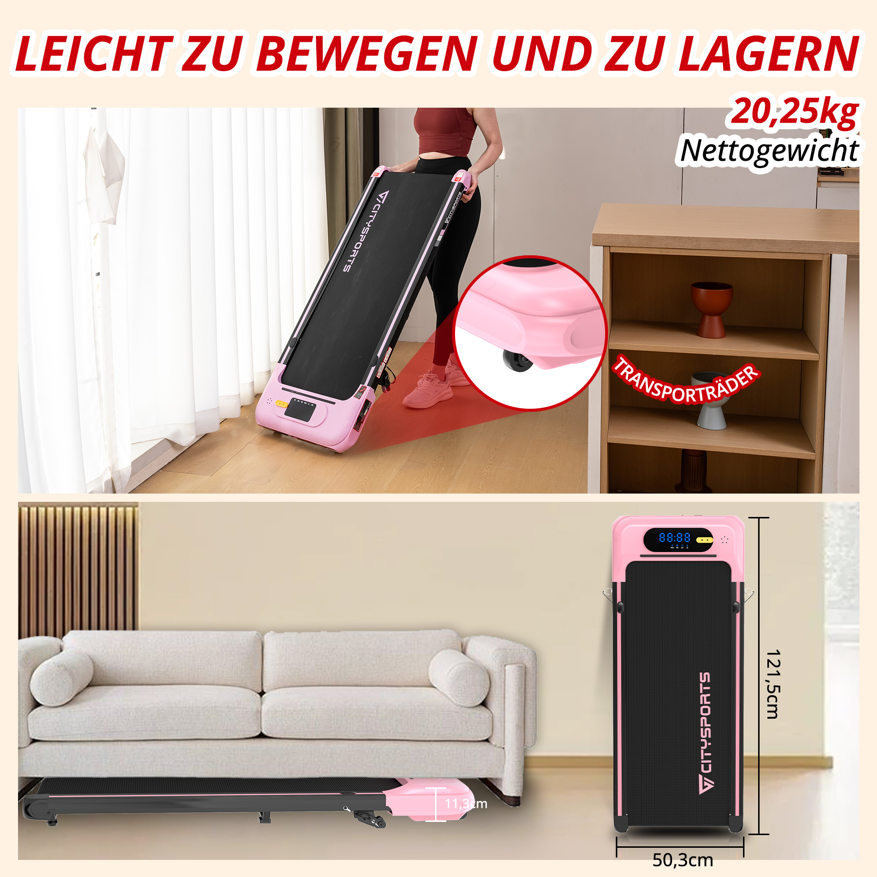 Ein rosa Laufband wird von einer Frau bewegt. Unten ist es neben einem Sofa.