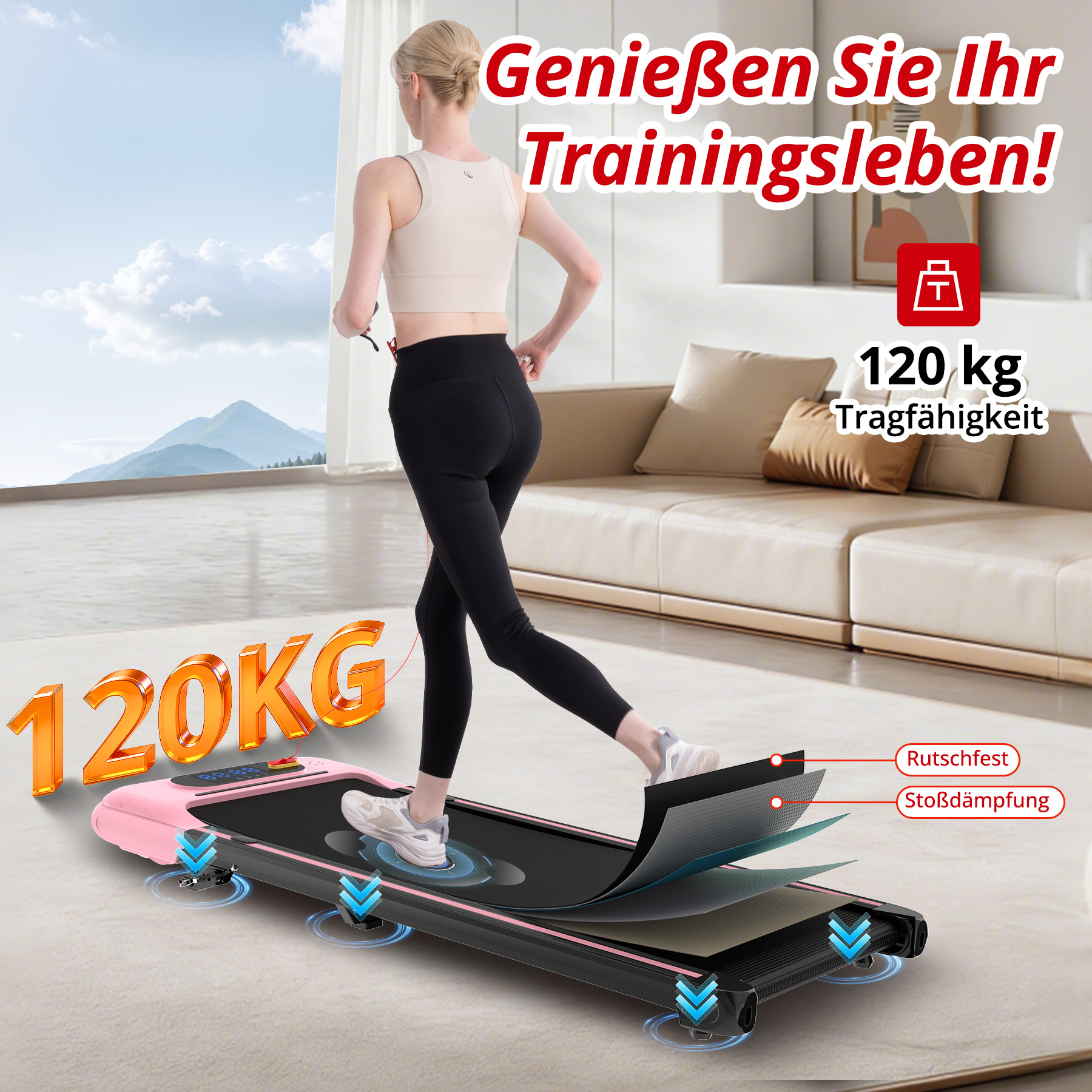 Eine Frau läuft auf einem pinken Laufband in einem Wohnzimmer. 120 kg Tragfähigkeit.
