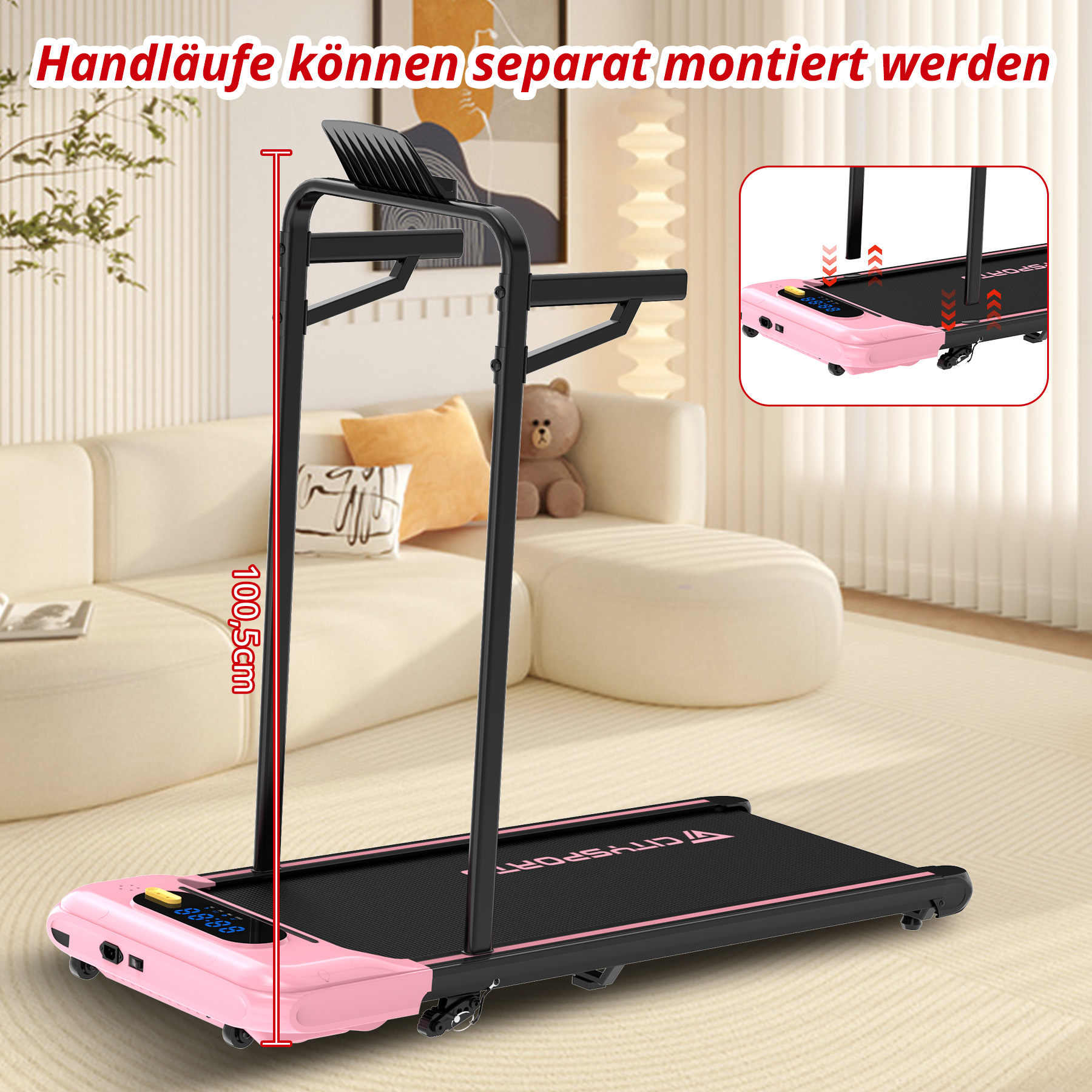Ein rosa Laufband mit schwarzem Band, Maße 100,5 cm hoch. Im Hintergrund ein Sofa.