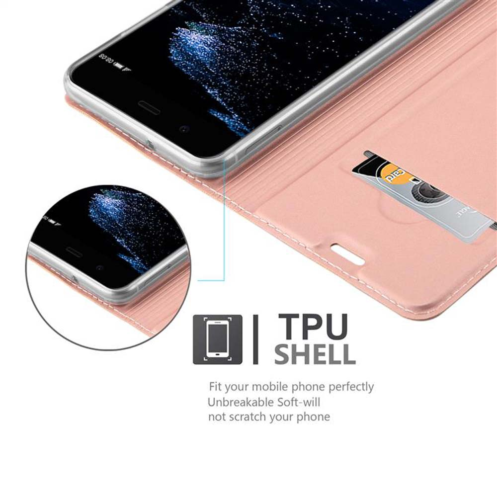 Custodia rosa per telefono con slot per carte, mostra un telefono. Testo TPU Shell.