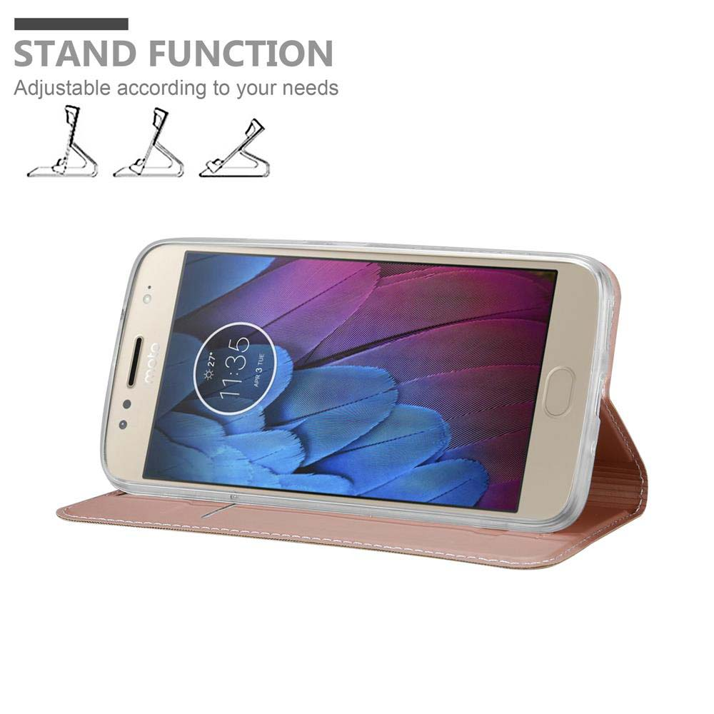 Una custodia per telefono rosa oro è mostrata in piedi, mostrando un telefono con sfondo colorato.