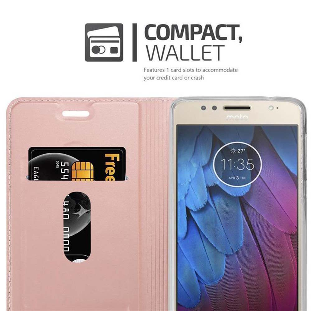 Una custodia a portafoglio rosa con uno smartphone e slot per carte.
