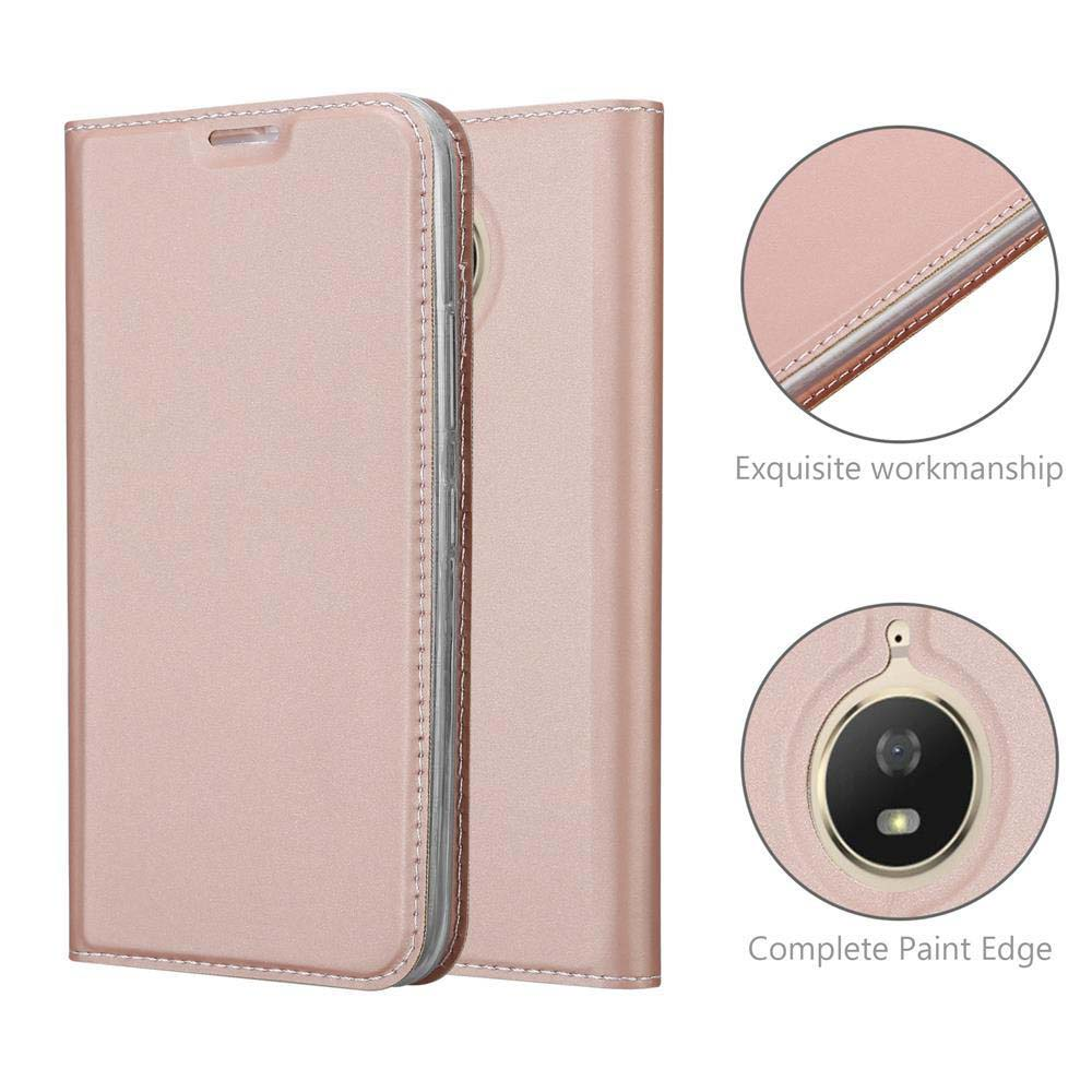 Una custodia per telefono color oro rosa con cuciture e dettagli fotocamera.