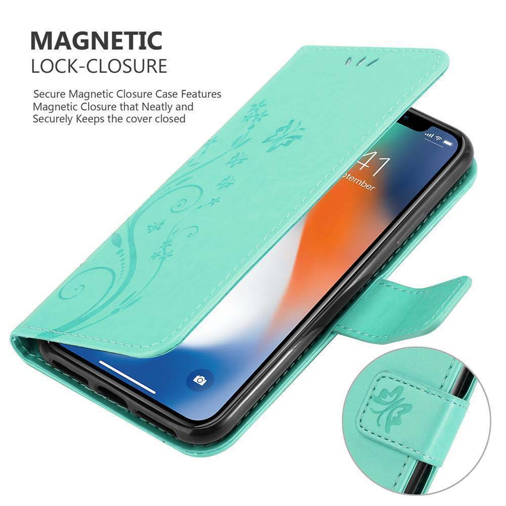 Custodia magnetica a flip turchese con disegno floreale. Vista frontale.
