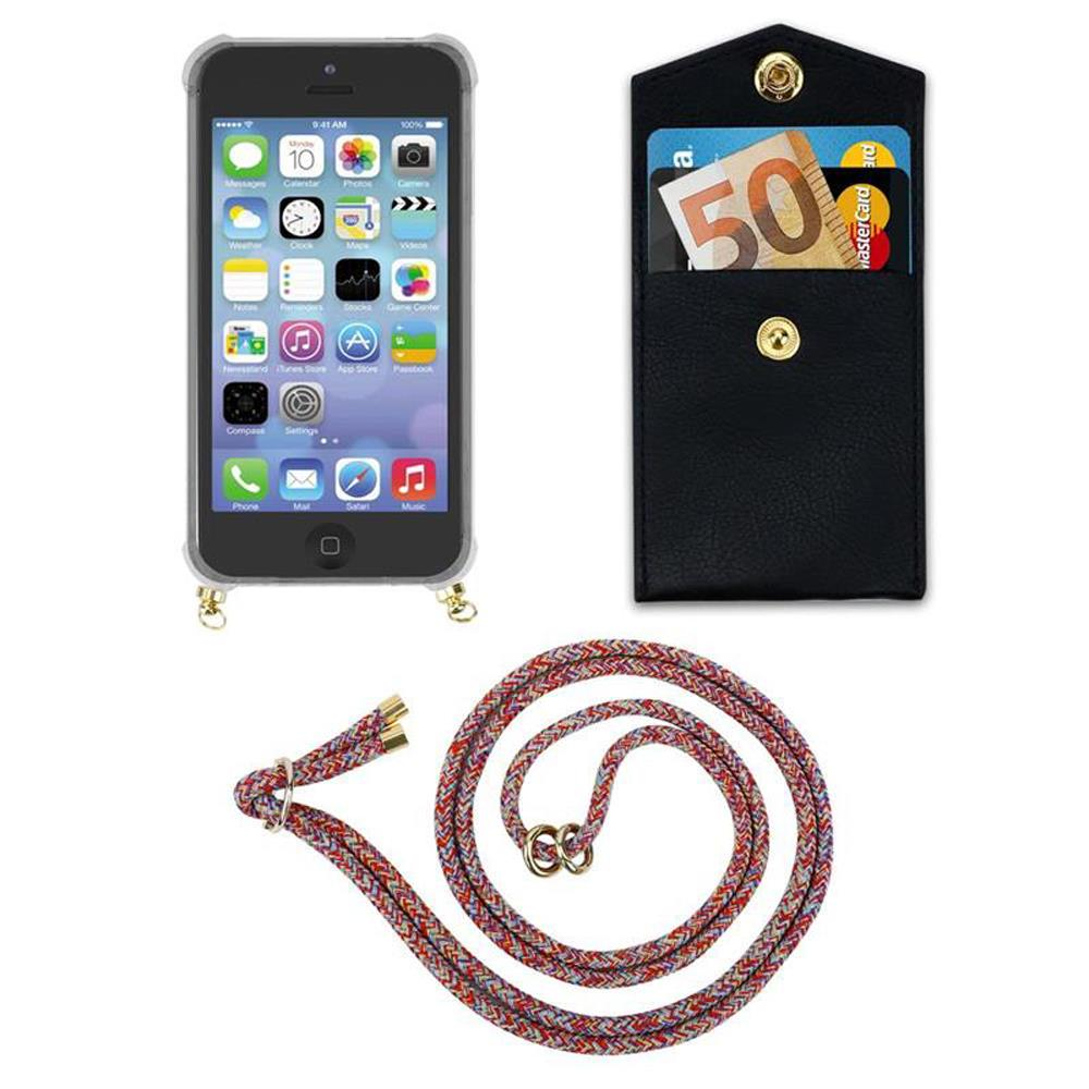 Ein iPhone, eine schwarze Brieftasche mit Geldscheinen und Karten und eine bunte Schnur.