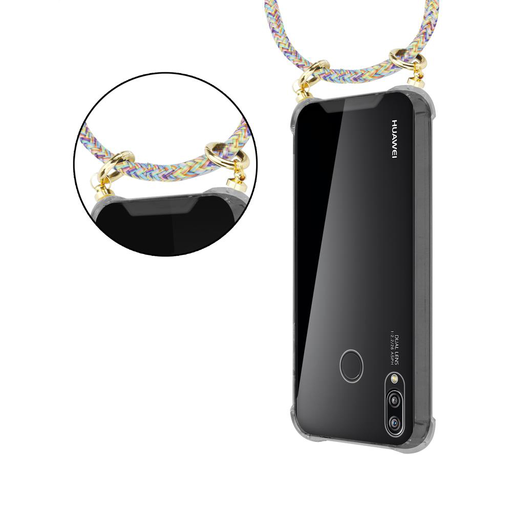 Un telefono Huawei nero con un cordone colorato.
