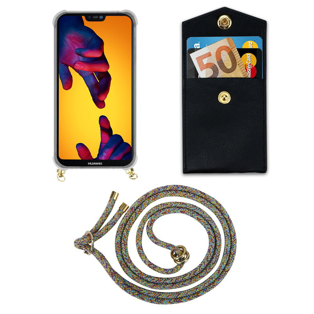 Smartphone con custodia, portafoglio con soldi e carta, corda.