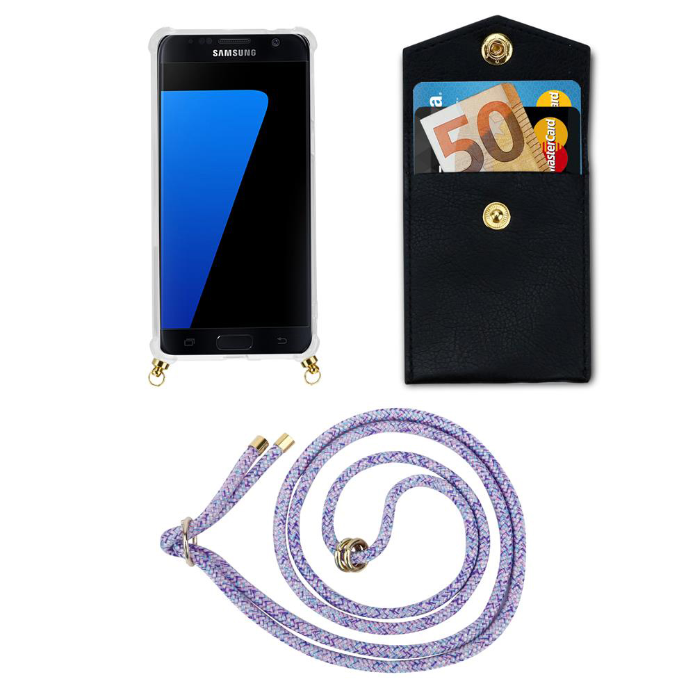 Telefono Samsung con custodia, tasca nera con soldi e carte, corda viola.