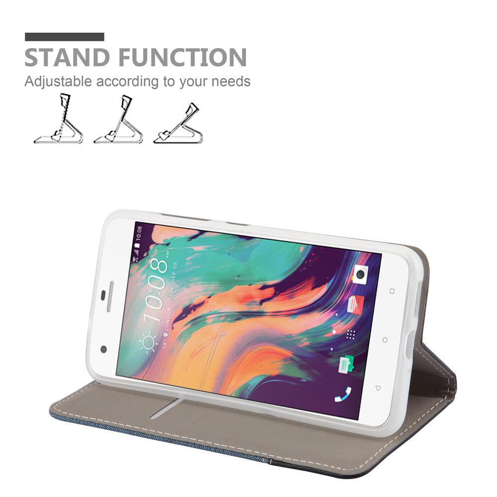 Ein Smartphone mit einer Hülle, die als Ständer fungiert. Drei Schemata zeigen die Funktion.