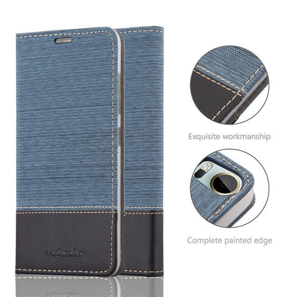 Blaues Handy-Etui mit schwarzem Lederbesatz und Nähten. Detailansichten zeigen Verarbeitung und Kanten.