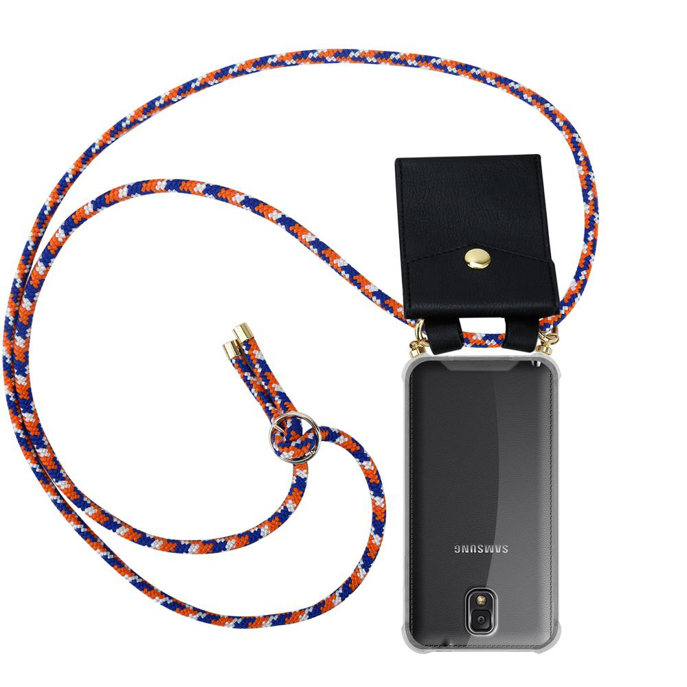 Uno smartphone Samsung in una custodia con cinturino colorato e tasca nera.
