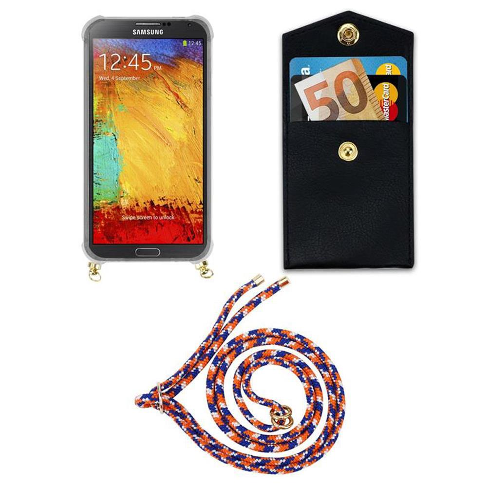 Uno smartphone in custodia, un portafoglio nero con carte e contanti, e un cordoncino.
