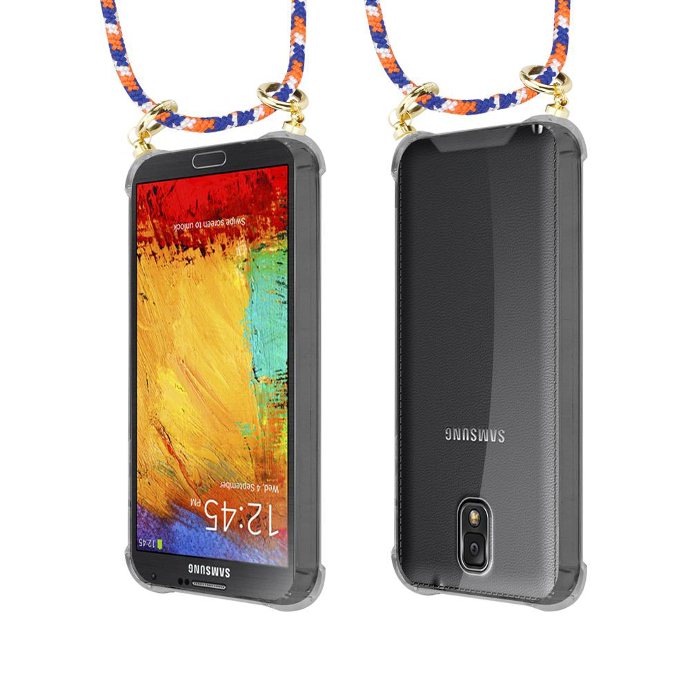 Due telefoni Samsung con cordini colorati, uno frontale, uno posteriore.