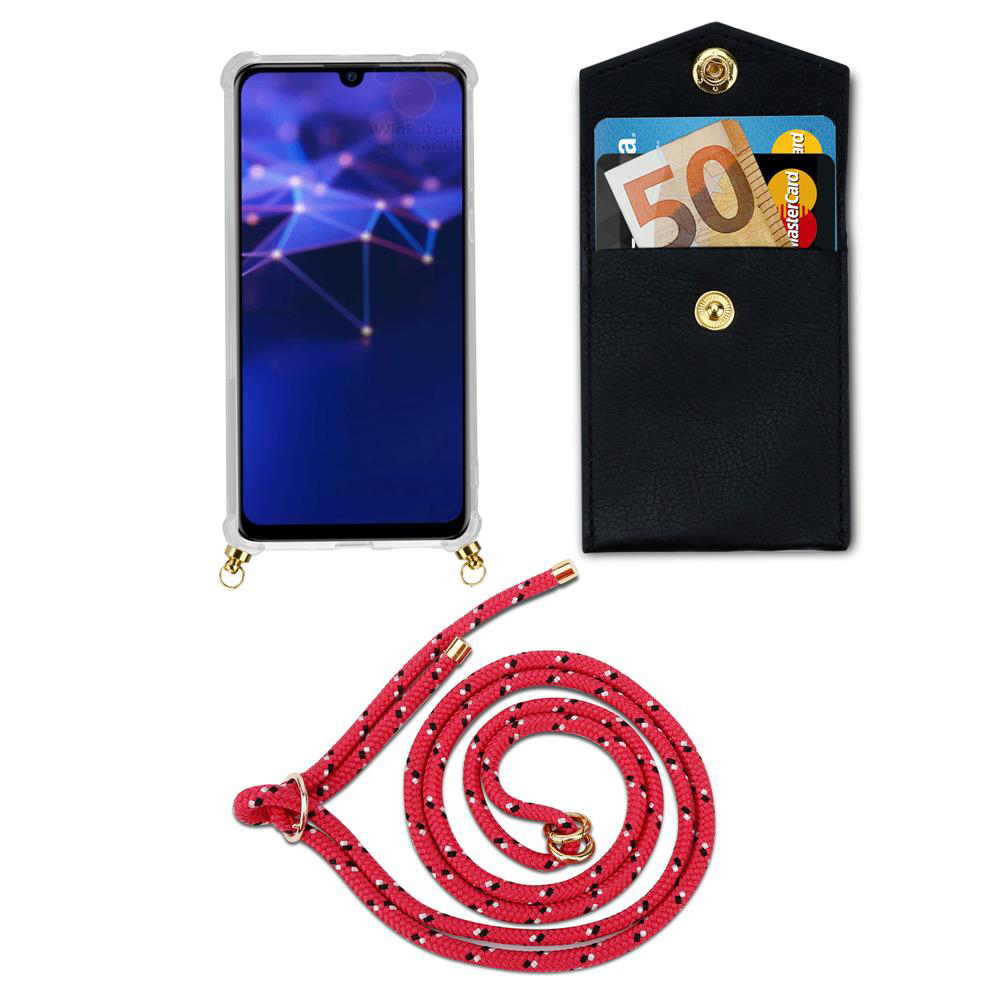 Custodia per telefono con portafoglio nero, cordone rosso e smartphone.