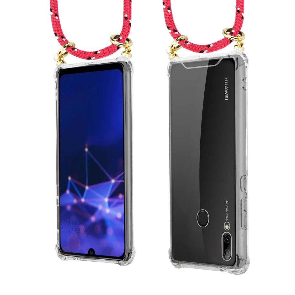 Due telefoni Huawei in custodie trasparenti con corde rosse attaccate ad anelli dorati.