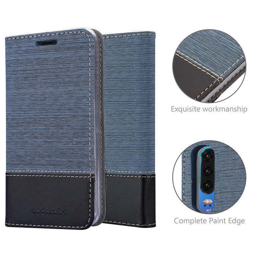 Custodia blu per telefono con dettaglio in pelle nera e cuciture.