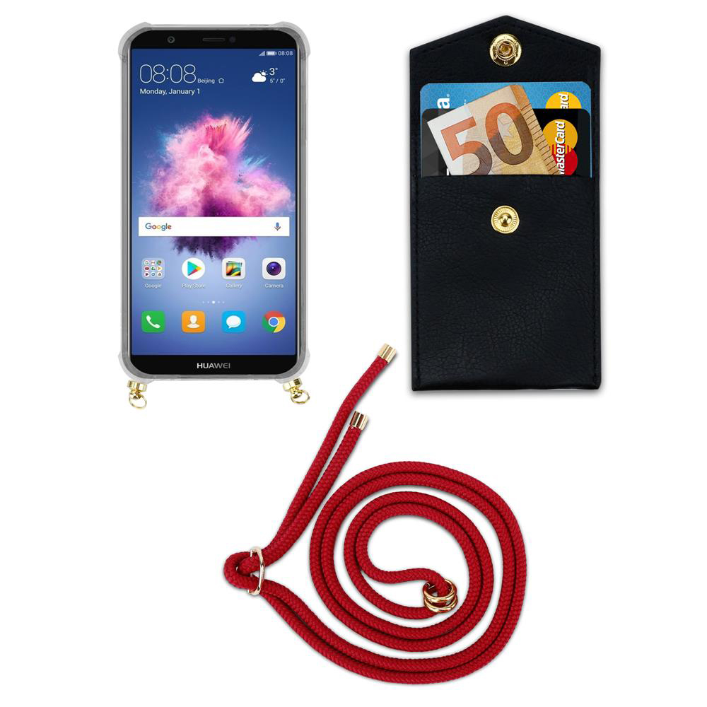 Un telefono Huawei in custodia trasparente, porta carte nero con banconota da 50 euro e laccio rosso.