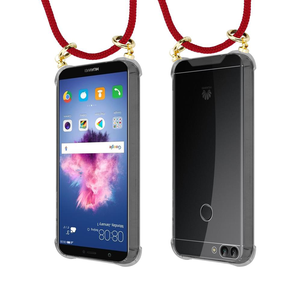 Due smartphone Huawei con cordini rossi e accessori dorati.