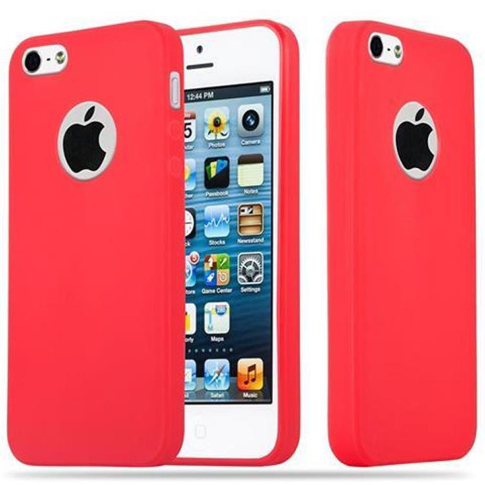 Tres fundas rojas para iPhone con logo de Apple. Una muestra el frente con apps.
