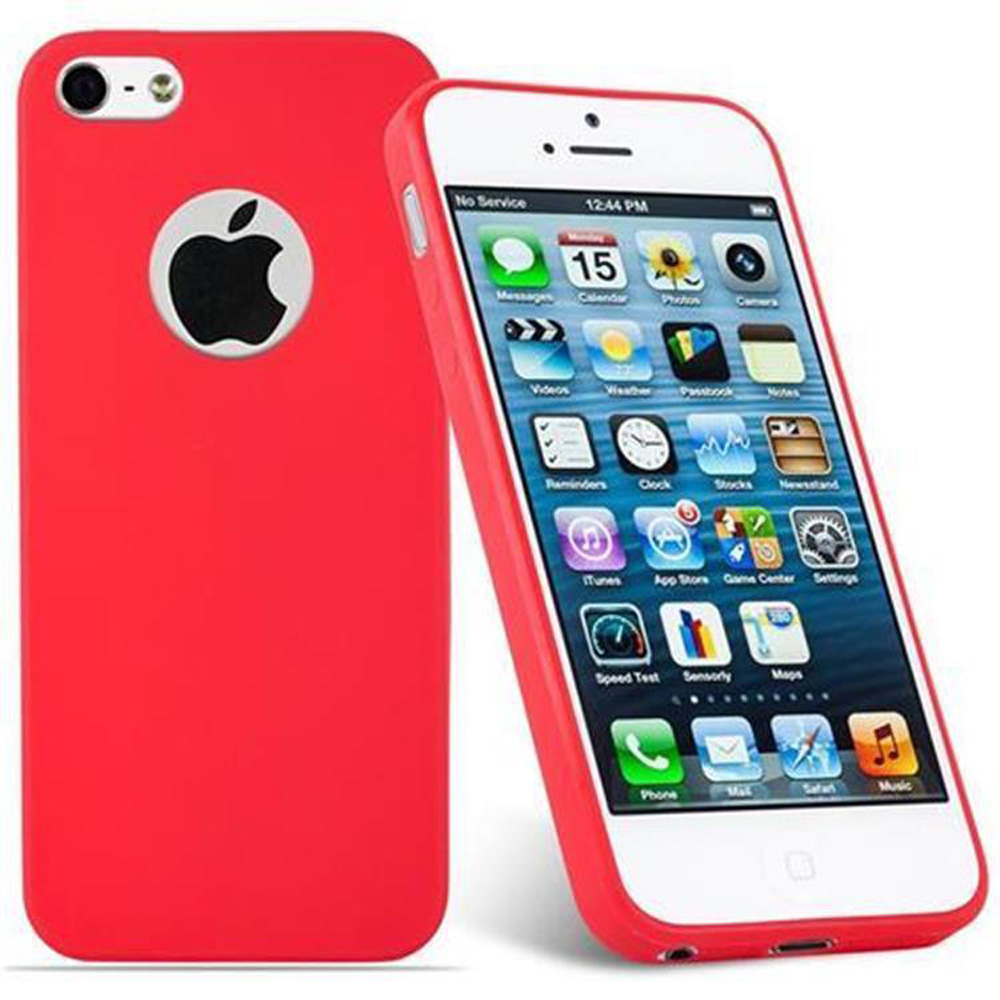 Un iPhone rojo con una funda y el logo de Apple al lado.
