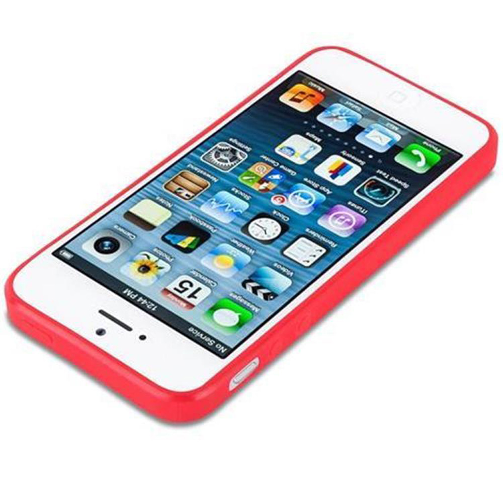 Un iPhone rojo con muchos iconos de aplicaciones en la pantalla.