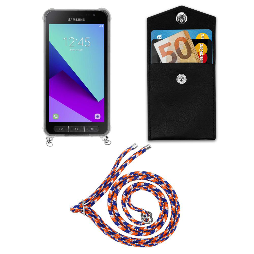Telefono Samsung, portafoglio nero con banconota da 50 euro e cordino blu/arancio.