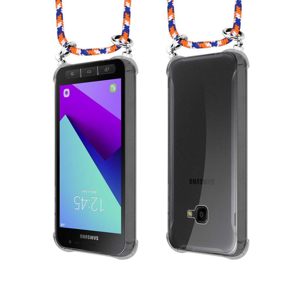 Smartphone in custodia protettiva con cordino. Viste frontale e posteriore.