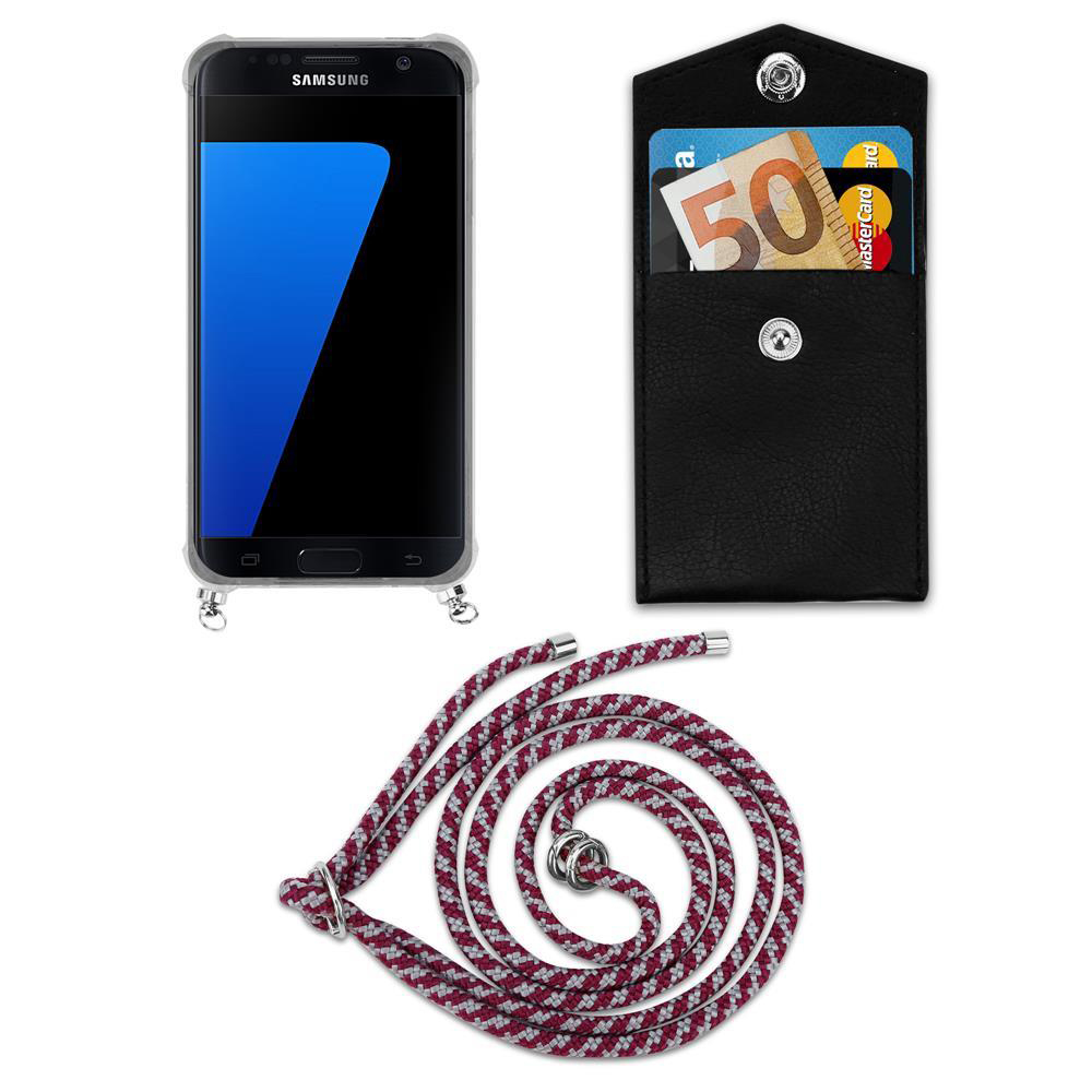 Uno smartphone Samsung in custodia, un portafoglio nero con soldi e carte, e un cordone.