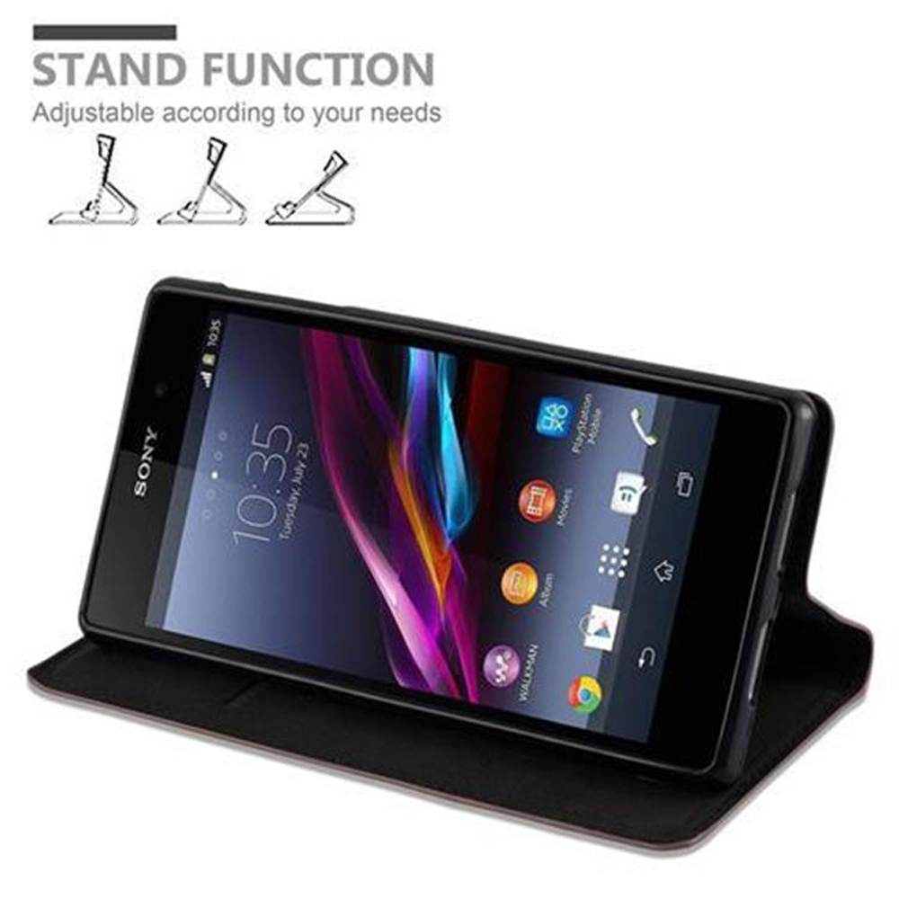 Sony Smartphone in schwarzem Klappständer mit Standfunktion.