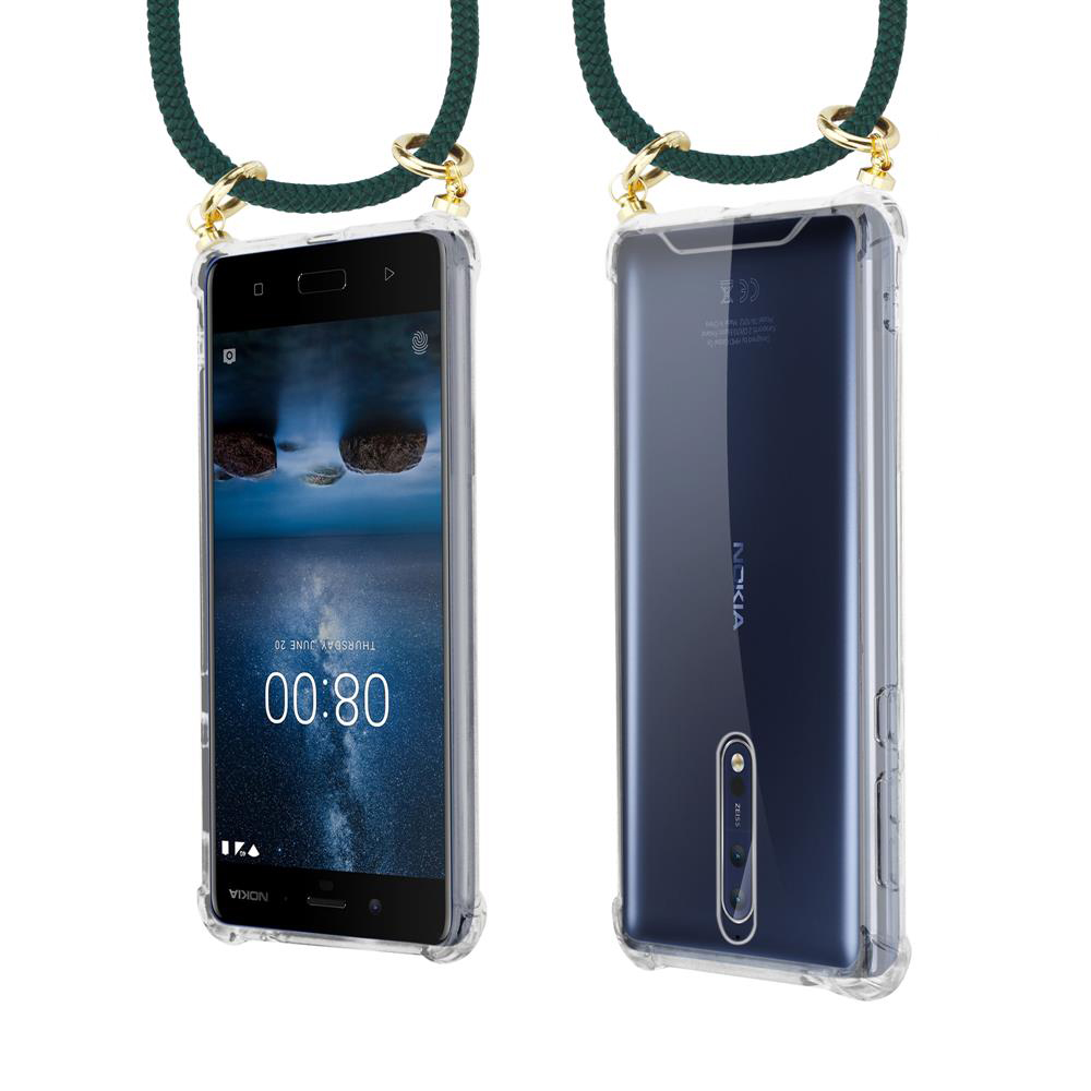 Ein Smartphone in einer Hülle mit einem grünen Band