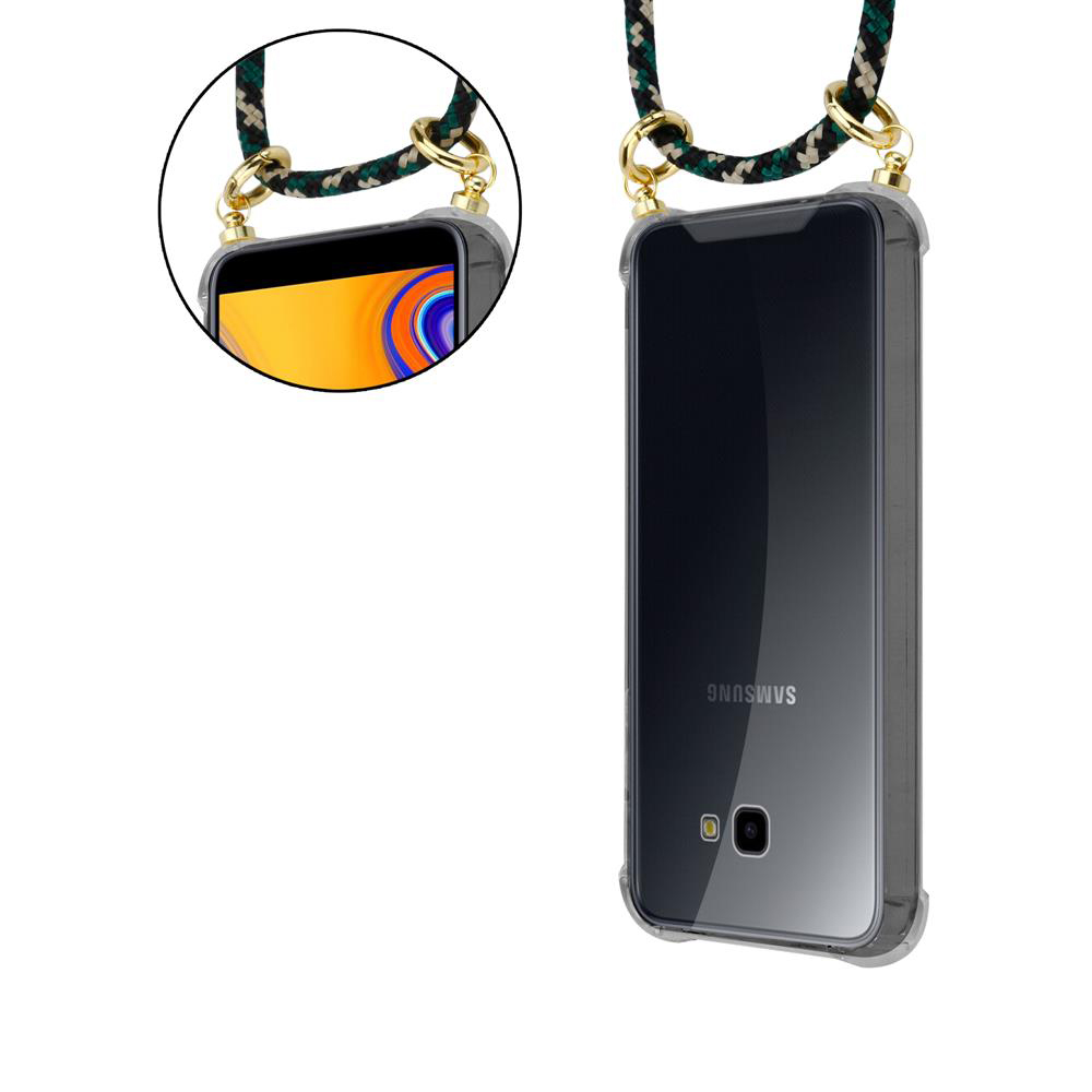 Uno smartphone in custodia trasparente con laccetto fantasia.