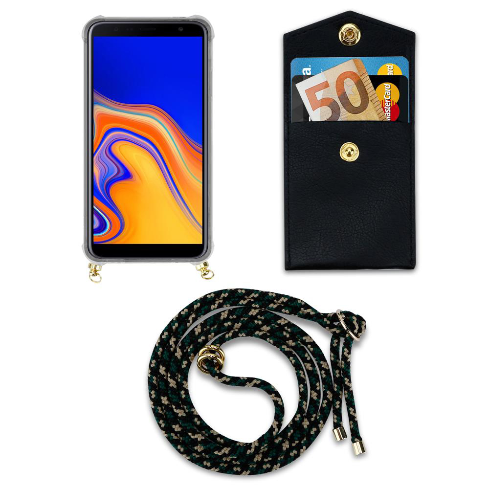 Uno smartphone in custodia, un porta carte nero con soldi e carte, e un cavo di ricarica fantasia.