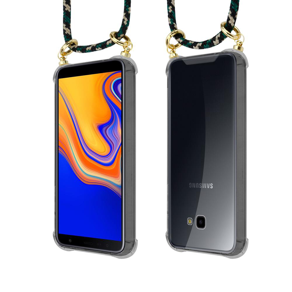 Due viste di uno smartphone in una custodia con cordino. Fronte e retro.