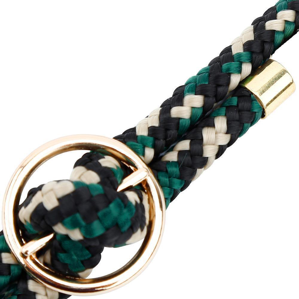 Corda intrecciata nera, verde e bianca con anello e cappuccio dorati.