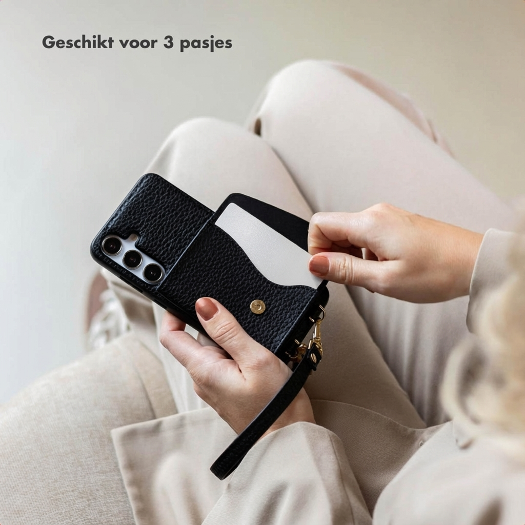 Een zwarte telefoonhoes met kaartsleuven wordt door handen vastgehouden.