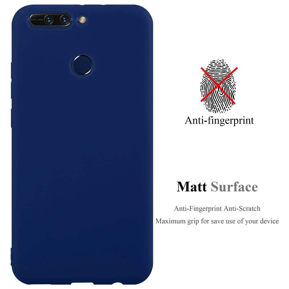 Blaue Handyhülle mit Text über Anti-Fingerabdruck und matte Oberfläche.
