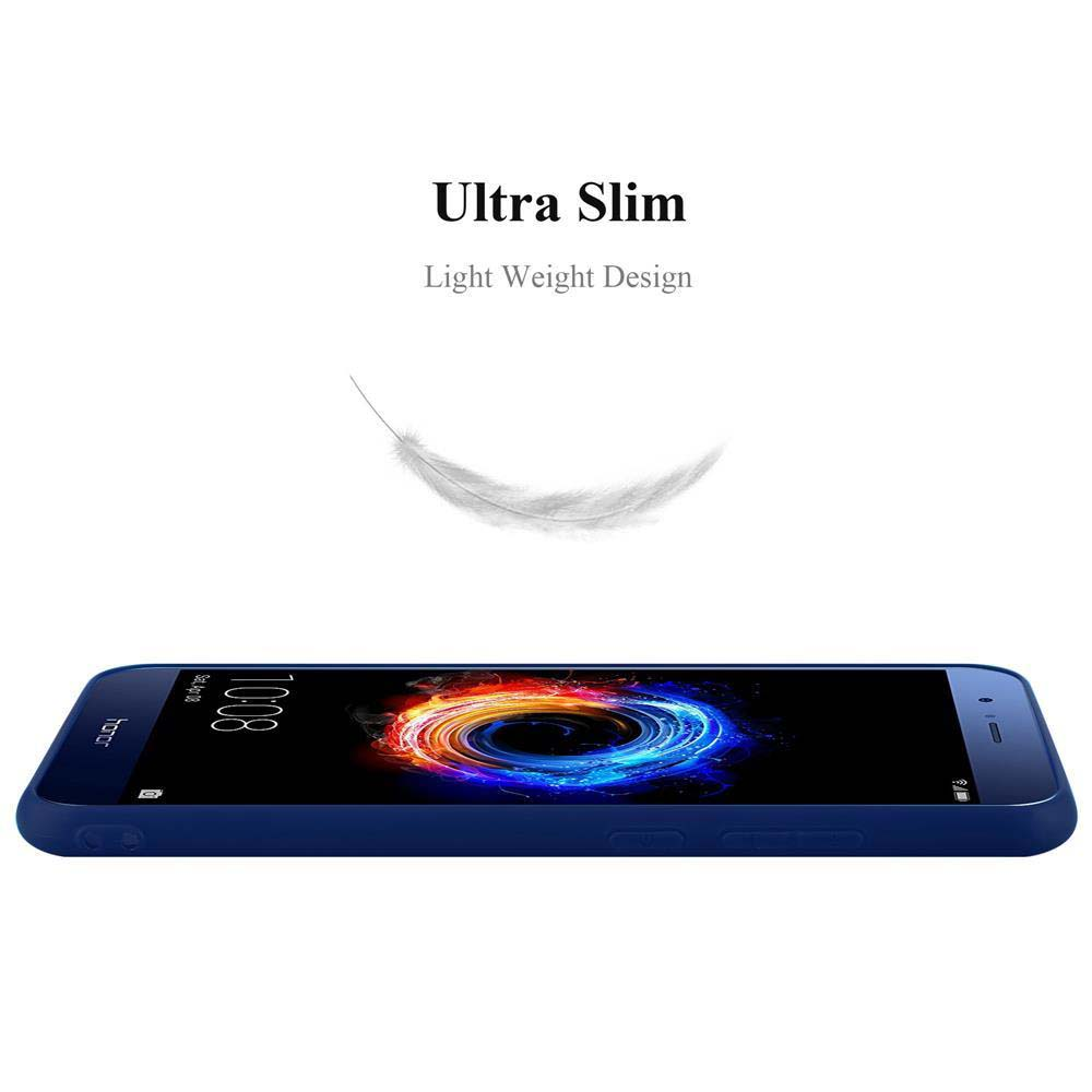 Ein blaues Smartphone mit einem Feder-Symbol und Text.