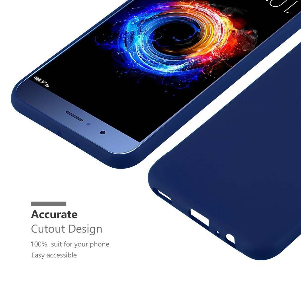 Ein blaues Smartphone mit einem bunten Hintergrundbild und einer Hülle.